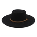 Minimalist black wool felt boater hat with a brown suede band and gold metallic V-buckle - M (56-59cm) / Black Suede