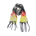Close-up of thick mohair-like scarf featuring colorful wave patterns and fringe detail - Black