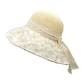 Cappello da sole in paglia con ricamo floreale in pizzo e nastro per il mare da donna - M (56-58cm) / Beige
