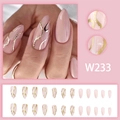 Amandelvormige plaknagels in nude roze met goud-witte golflijnen, 24 stuks (W233) - Roze Golf Stijl (W233 Lijm Versie) / 24 Stuks/Doos