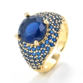Macro view of adjustable gold ring with large blue zircon and micro-pave setting details - Adjustable Open / Gold Plated - Royal Blue Zirconia