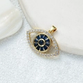 Gold evil eye pendant necklace with blue and clear zircon crystals on shell background - [D3032JN] Gold Evil Eye