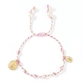 Pink and white woven Peruvian knot bracelet with golden religious medals and pearls - Pink White