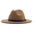 Classic camel wool fedora hat with a black leather belt and silver buckle decoration - M / Khaki