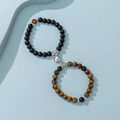 Magnetic heart couple bracelets with matte black beads and brown tiger eye stone beads - Tiger Eye & Black Matte - Magnetic Heart - Plated Heart