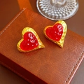 Vintage heart shaped red resin stud earrings with hammered gold metal border - 2# Silver Pin-Red Wrinkled Heart