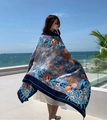 Detail of floral printed summer shawl with pomegranate patterns for beach vacation - Blue Orange Pomegranate (Pomegranate White Flower-5)