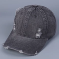 Detailed close-up of distressed ripped details on a charcoal grey denim baseball cap - M (56-58cm) / Gray