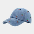 Close-up of red cherry embroidery on washed light blue denim baseball cap with stitching - Adjustable / Dark Blue