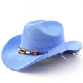 Close-up of sky blue faux suede cowboy hat with colorful handcrafted beaded band - M (56-58cm) / Deep Sky Blue
