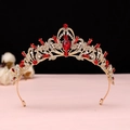 Close-up of golden Baroque bridal crown with red gemstones and intricate crystal details - No.1 KC Gold (Red Stone)