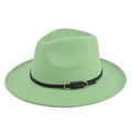 Detail of mint green wool felt fedora hat featuring a black ribbon and silver buckle - M (56-58cm) / Verdant