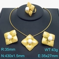 Golden stainless steel jewelry set with pearls featuring flower patterns on black stand - Gold Hollow Floral Pearl 3-Piece Set (KS226960-LX)
