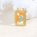 Macro view of gold rectangle pendant with orange enamel cactus and shimmering cubic zirconia - Orange Cactus Style (ZYN-DMK875G-2)