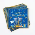 Close-up of blue and gold Hanukkah napkins featuring Menorah, Dreidel, and festive patterns - Blue Napkins / Pack of 24
