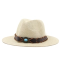 Wide brim straw jazz hat with turquoise beaded leather band for sun protection - Beige