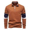 Men's caramel brown quarter-zip polo sweatshirt with navy white contrast stripes - S / Earthy Yellow