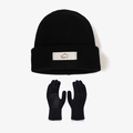 Black knit balaclava hat and anti-slip gloves set with Sport label for winter warmth - Black (2-Piece Set)