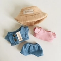 Puppenbekleidungsset mit khakifarbenem Anglerhut, blauer Denim-Weste und rosa T-Shirt - Passend für 17cm Puppe / Brauner Offener Hut + Jeansjacke + Rosa T-Shirt + Jeans / Blau Rosa
