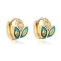 Macro shot of 18K gold plated leaf earrings with blue enamel and sparkling cubic zirconia - Blue Leaf Style (42163)