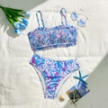 Blue floral two-piece bikini with smocked top and high-waisted bottoms on white fabric - S / Light Purple
