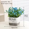 Blue artificial gypsophila flower in a white and grey ceramic pot, 17.5cm height - HOME Text Pot / Blue-Baby's Breath