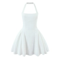 Chique witte halter mini-jurk van jacquard stof met reliëf en een uitlopende A-lijn rok - S / Wit