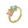 Detail of adjustable gold ring with pink square and blue oval cubic zirconia stones - Gold 2-Stone Ring / 1 Piece