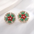 Close-up of vintage flower drop earrings with red pear-cut and green baguette-cut zircons - Petal Flower/Red and Green