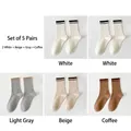 Set of 5 pairs of unisex cotton crew socks in white, grey, beige, and coffee brown stripes - One Size (EU 35-40) / 5 Pairs (2 White/Beige/Gray/Coffee)