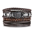Men's multi-layer leather wrap bracelet set with sunflower mandala charm on white background - Four-Piece Set / Brown