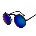 Steampunk flip-up sunglasses with black metal frames and round blue mirrored lenses - Black Frame Blue Mirror (C14)
