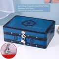 Large vintage navy blue tinplate storage box with nautical helm design and metal locks - Large - Old Sailboat (With Padlock)