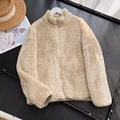 Women's chic beige polar fleece zip-up jacket with stand collar and soft fuzzy texture - Camel