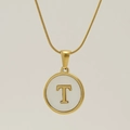 18K gold plated snake chain necklace featuring a white shell round pendant with letter T - Letter T
