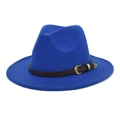 Detail of royal blue wool fedora hat featuring a brown leather belt with vintage buckle - M (56-58cm) / Sapphire Blue