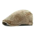 Vintage washed cotton flat cap for men in retro khaki brown with side metal buckles - Adjustable / Green & Brown