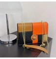 Chic multi-color patchwork shoulder bag with quilted leather and gold chain strap - Khaki