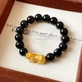 Obsidian beaded bracelet with golden Pixiu and mantra symbols in a premium gift box - Glass Bead Pixiu Bracelet