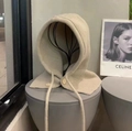 Oatmeal knit balaclava hat with integrated hood, drawstring and wooden buttons - Balaclava-Khaki