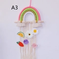 Detail of woven rainbow wall hanging with lace tassels and crochet flowers for kids room - Pink Light Green Gold White Rainbow Style (A3)