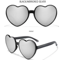 Front and 45-degree angle view of heart-shaped sunglasses with silver mirrored lenses - Black Frame Silver Mirror