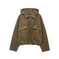 Giacca bomber con cappuccio in finto camoscio verde oliva con grandi tasche frontali - XS / Marrone