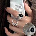 Silver retro open ring with black stone and minimalist double-layer intertwined band - Black Agate Beaded/Double Ring Wrap