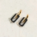 Golden U-shaped earrings with micro-pave zircons and black hollow rectangular charms - Black