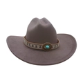 Brown wool felt western cowboy hat with woven band and turquoise stone detail - Large Brim Oval Blue Stone / Gray