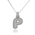 Detail view of silver P-letter pendant with sparkling zircon on high-quality box chain - Letter P (DX34-P)