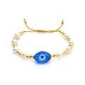 Retro freshwater pearl and gold bead evil eye bracelet with yellow adjustable cord - Blue Evil Eye (ZZS230048A)
