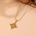Detailed close-up of golden stainless steel Celtic knot necklace with opal stone on wood - Gold Style 9 (C416)