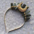 Detail of moon crown headband with grey raw crystals and gold wire wrapping craft - Gold Headband/Large Gold Moon/Amethyst Crystal
